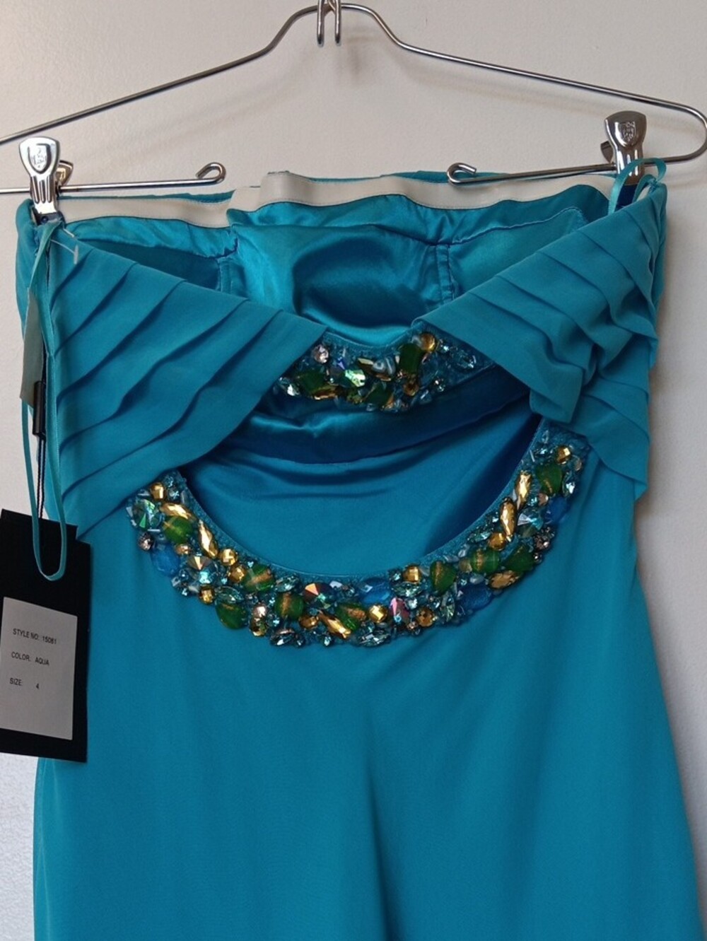 Strapless Aqua Evening Gown with Beaded Detail - Picture 3 of 13